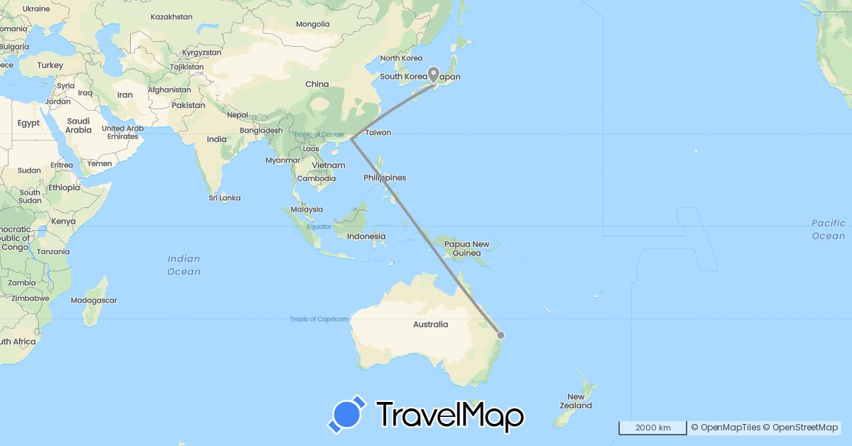 TravelMap itinerary: driving, plane in Australia, China, Japan (Asia, Oceania)